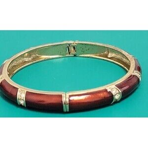 Vintage Red Wine Enamel Gold Tone Thin Rhinestone Clamper Bangle Bracelet